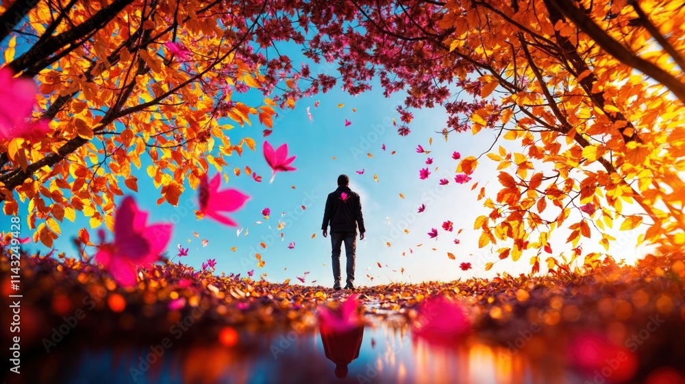 Person standing in a vibrant autumn scene with colorful leaves, golden light, and a serene blue sky