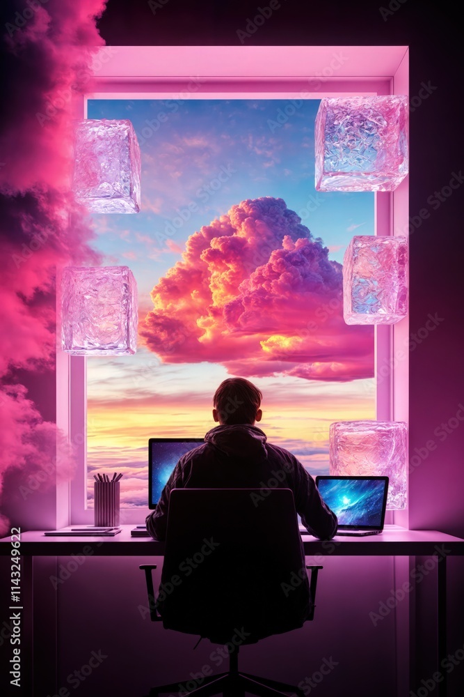 Man working at desk with surreal pink clouds and ice cubes outside window during sunset
