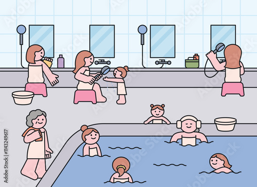 A public bathhouse in Korea. In the public bathhouse of the sauna, people are taking a Turkish bath or washing in the shower. Cuttiny character with outline.