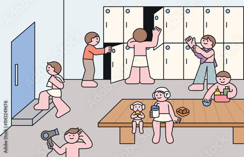 A public bathhouse in Korea. In the sauna's locker room, people are changing clothes and eating snacks. Cuttiny character with outline.