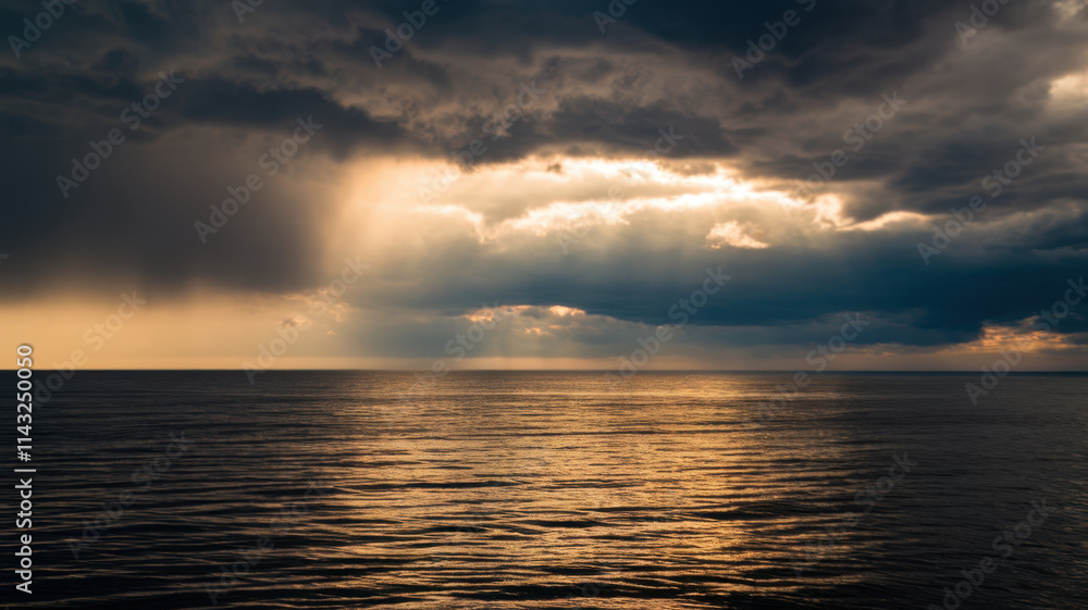 Obraz premium Dramatic sunset over calm waters, with dark clouds contrasting against golden rays of sunlight creating a tranquil yet powerful scene.