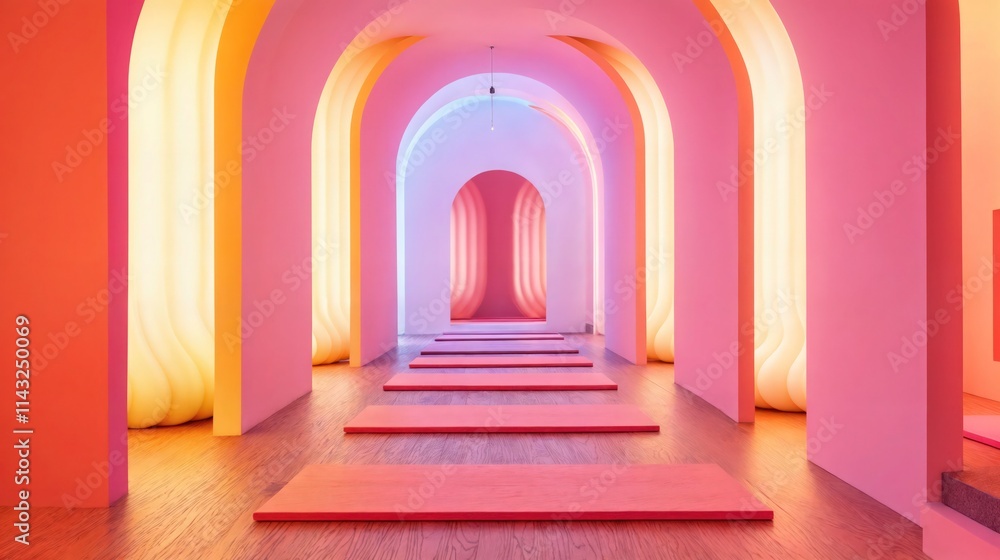 Modern abstract interior with colorful arches and glowing lights creating serene atmosphere