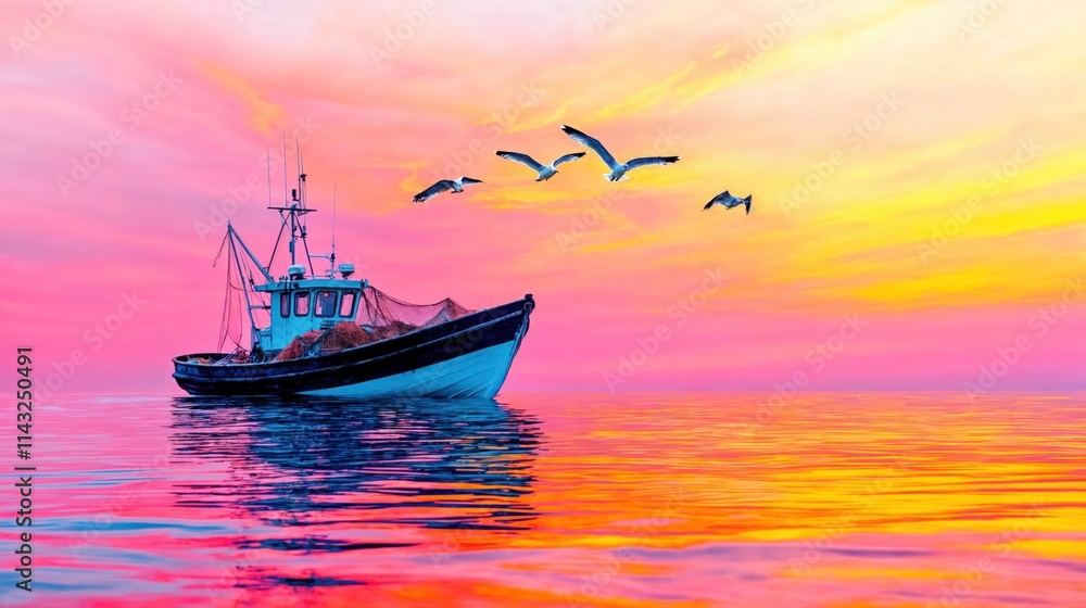 Fishing boat at sunset with vivid pink and orange sky and seagulls flying over calm water