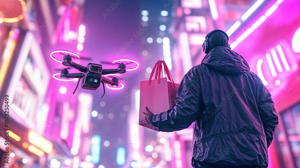 Drone delivering shopping bag in neon-lit city street with futuristic urban vibes