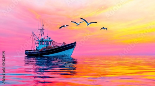 Obraz na płótnie Fishing boat at sunset with vivid pink and orange sky and seagulls flying over calm water
w salonie
