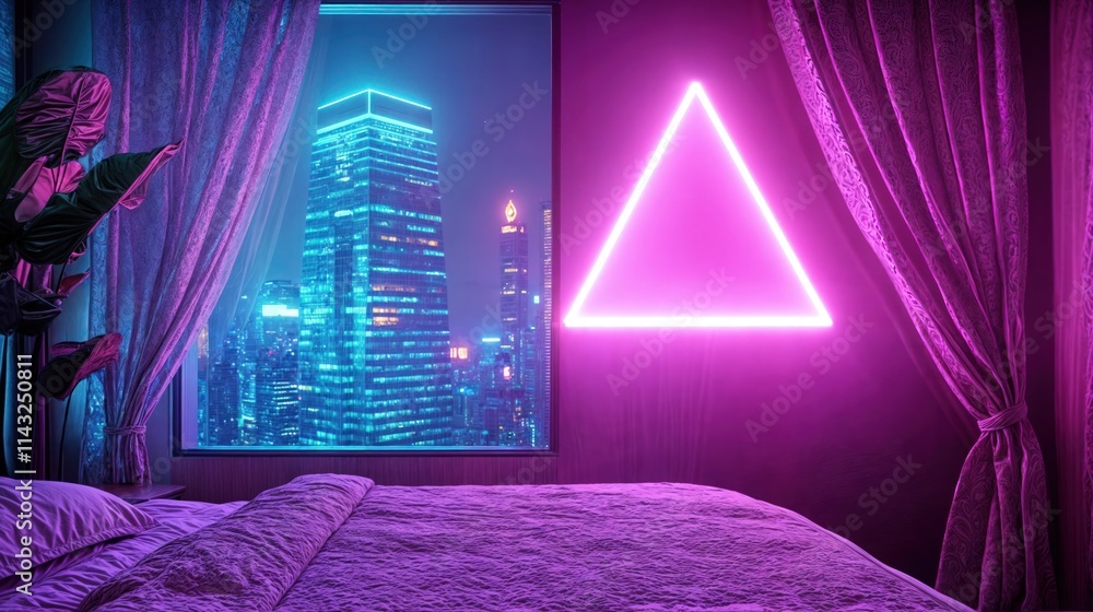 Stylish bedroom with neon triangle light and city skyline view through window at night