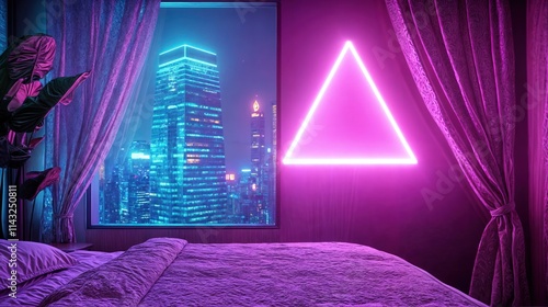 Obraz na płótnie Stylish bedroom with neon triangle light and city skyline view through window at night
w salonie