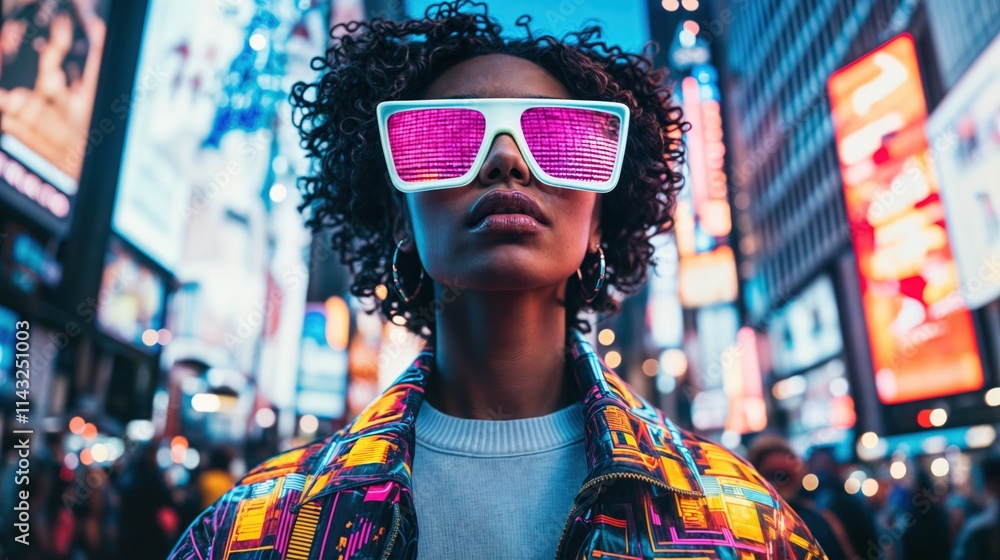 Confident woman wearing futuristic glasses and colorful jacket in vibrant city street at night