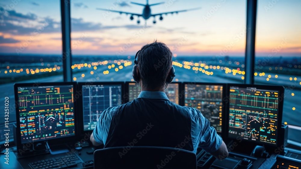 Air traffic controller monitoring multiple screens in tower with plane landing during sunset