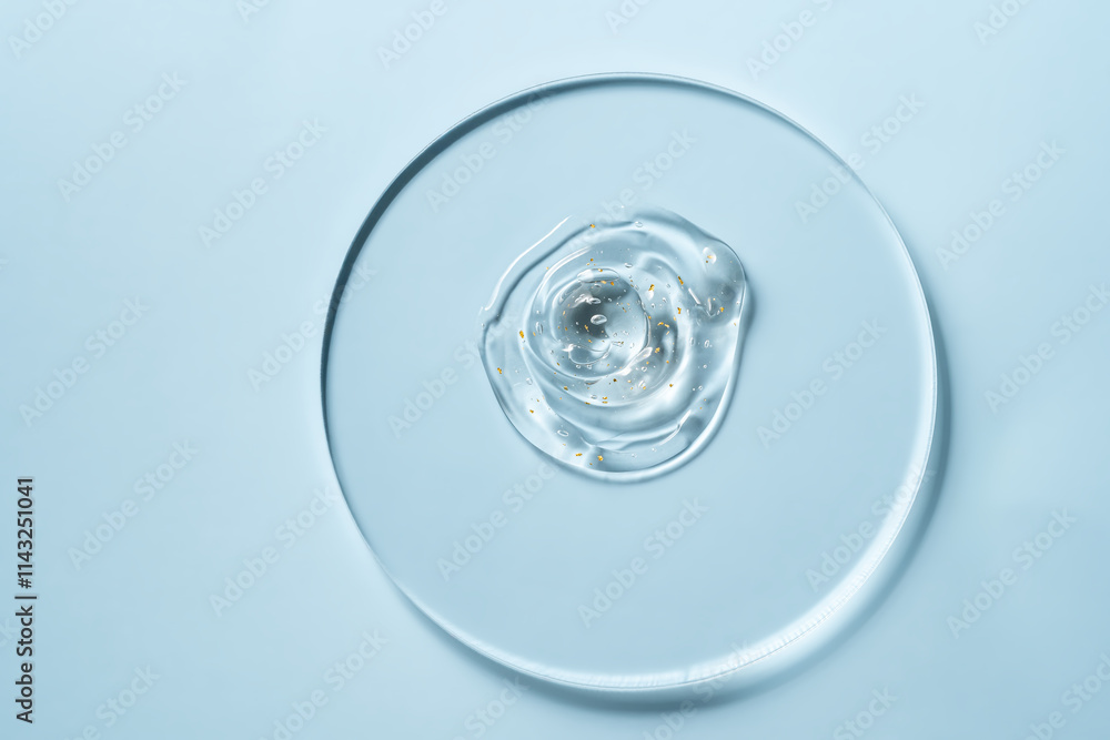 Transparent gel with golden specks on circular glass plate Transparent gel with golden specks on circular glass plate