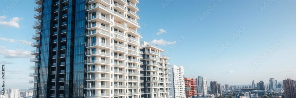 Modern apartment building with sleek design and floor plan blueprints, floors, facade, skyscraper Modern apartment building with sleek design and floor plan blueprints, floors, facade, skyscraper
