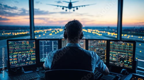 Obraz na płótnie Air traffic controller monitoring multiple screens in tower with plane landing during sunset
w salonie