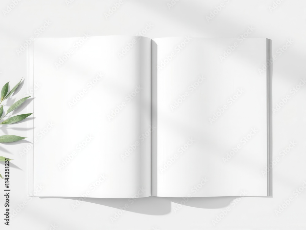 Open magazine mockup with plant shadows on a customizable background, perfect for showcasing your designs, empty, magazine, blank Open magazine mockup with plant shadows on a customizable background, perfect for showcasing your designs, empty, magazine, blank