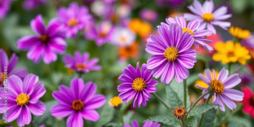 Purple flower petals and leaves creating a vibrant and colorful background, close-up, nature Purple flower petals and leaves creating a vibrant and colorful background, close-up, nature