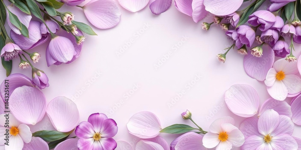 Fototapeta premium Purple flower petals and leaves in a soft and delicate arrangement, perfect for botanical backgrounds or nature-inspired designs, petals, backgrounds, arrangement