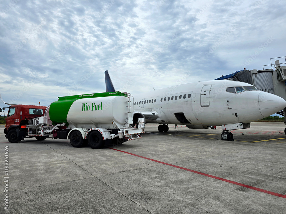 A tanker truck loaded with bio fuel, a sustainable aviation fuel is refueling a plane at the airport. the concept of environmentally friendly fuel, and vegetable oil fuel. A tanker truck loaded with bio fuel, a sustainable aviation fuel is refueling a plane at the airport. the concept of environmentally friendly fuel, and vegetable oil fuel.