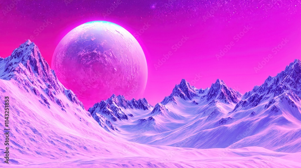 Surreal pink alien landscape with snow-covered mountains and a massive planet in the sky