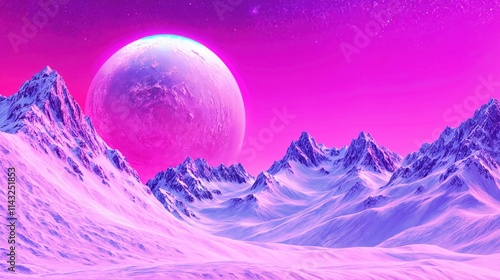 Obraz na płótnie Surreal pink alien landscape with snow-covered mountains and a massive planet in the sky
w salonie
