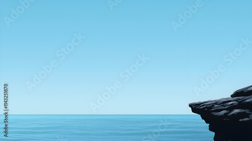 A minimalist representation of a rocky cliff overlooking the ocean, with soft waves. Cliff and ocean vector. photo