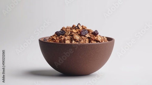 A bowl of granola topped with raisins, showcasing a healthy snack option.