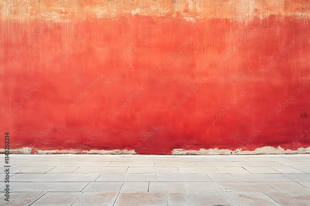 Fototapeta premium Red textured wall with stone pavement.