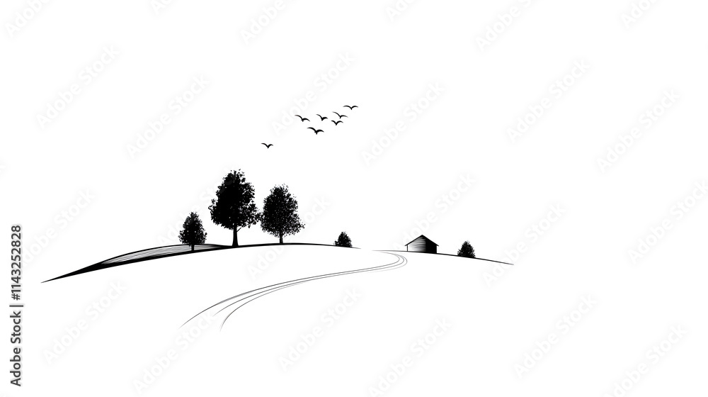 A clean line-drawing of a countryside with a dirt road, trees, and a distant barn. Countryside minimalist illustration. A clean line-drawing of a countryside with a dirt road, trees, and a distant barn. Countryside minimalist illustration.