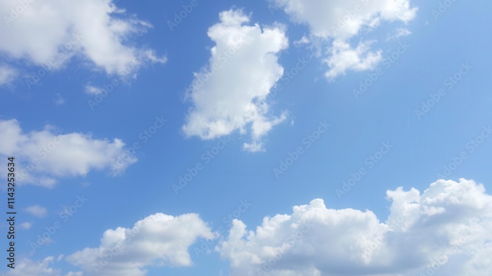 White fluffy clouds scattered across a vibrant blue sky in the height of summer, nature, scenic White fluffy clouds scattered across a vibrant blue sky in the height of summer, nature, scenic
