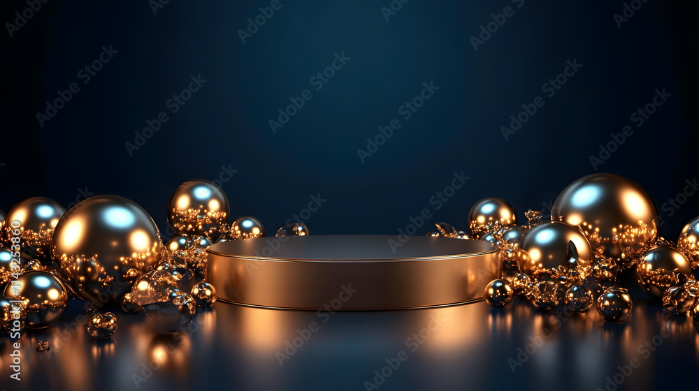 A bronze podium surrounded by golden orbs on a dark navy background. A bronze podium surrounded by golden orbs on a dark navy background.