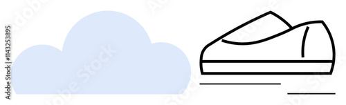 Simplistic depiction of a blue cloud and a black outlined sneaker evoking motion. Ideal for themes of speed, comfort, travel, fitness, simplicity, efficiency, cloud technology. Line metaphor