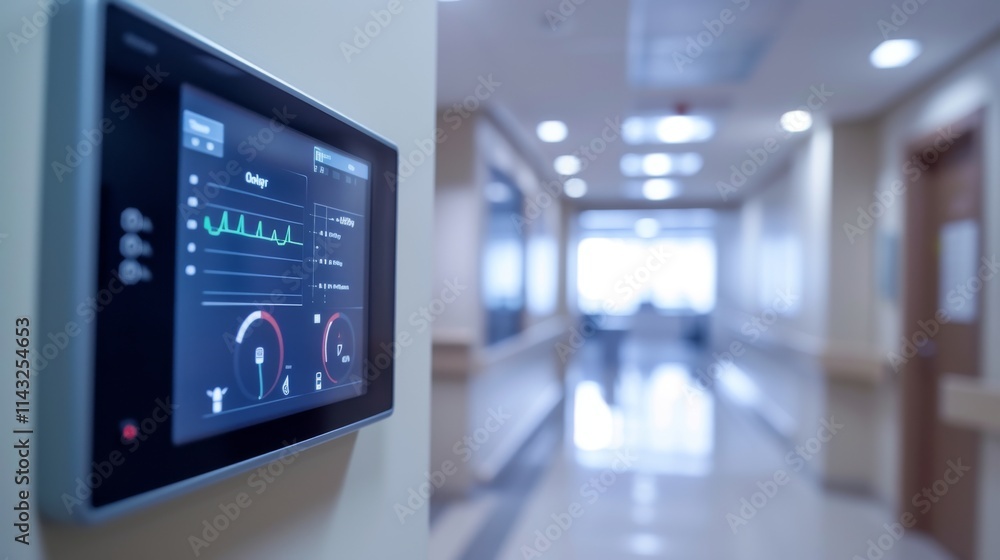 A sleek digital control panel in a well-lit hospital hallway displaying vital signs and medical information, conveying a sense of modern healthcare technology and precision. AI generated. A sleek digital control panel in a well-lit hospital hallway displaying vital signs and medical information, conveying a sense of modern healthcare technology and precision. AI generated.