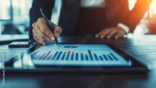 A business professional analyzing an interest rate forecast chart on a digital dashboard, set against a corporate office background photo