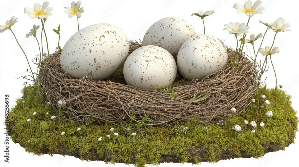 A nest containing four speckled eggs surrounded by flowers and moss. A nest containing four speckled eggs surrounded by flowers and moss.