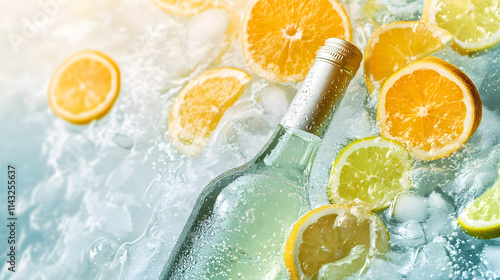 A chilled wine bottle partially submerged in icy water with floating citrus slices. photo