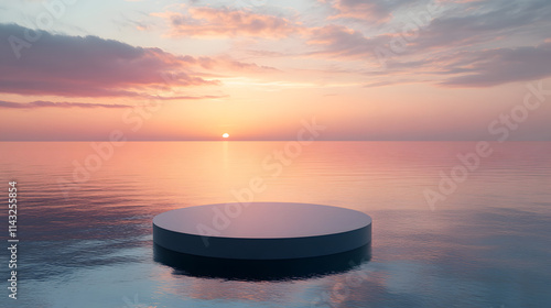 A circular podium floating above a calm sea under a twilight sky.