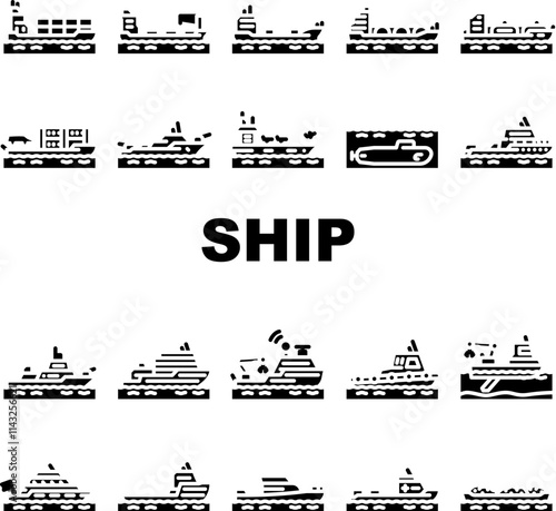 ship transport marine icons set vector. vessel cargo, cruise maritime, fleet navigation, anchor deck, hull, port, starboard ship transport marine glyph pictogram Illustrations