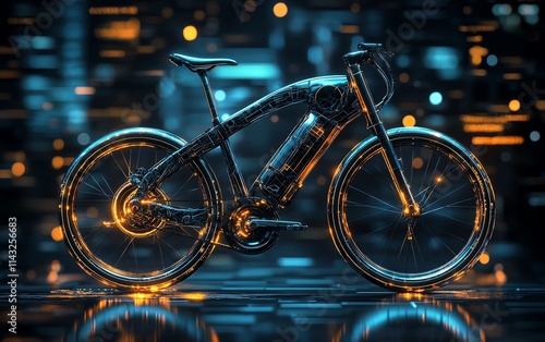 A bicycle made from recycled metal parts, industrial urban background, sleek design, futuristic ecotransportation, glowing details, ultrarealistic style photo