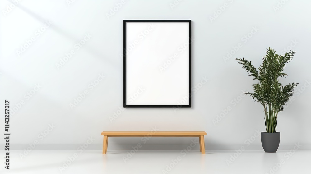 Ethnic Farmhouse Entrance: Modern Interior Design with Wooden Bench and Poster Frame against White Wall Ethnic Farmhouse Entrance: Modern Interior Design with Wooden Bench and Poster Frame against White Wall