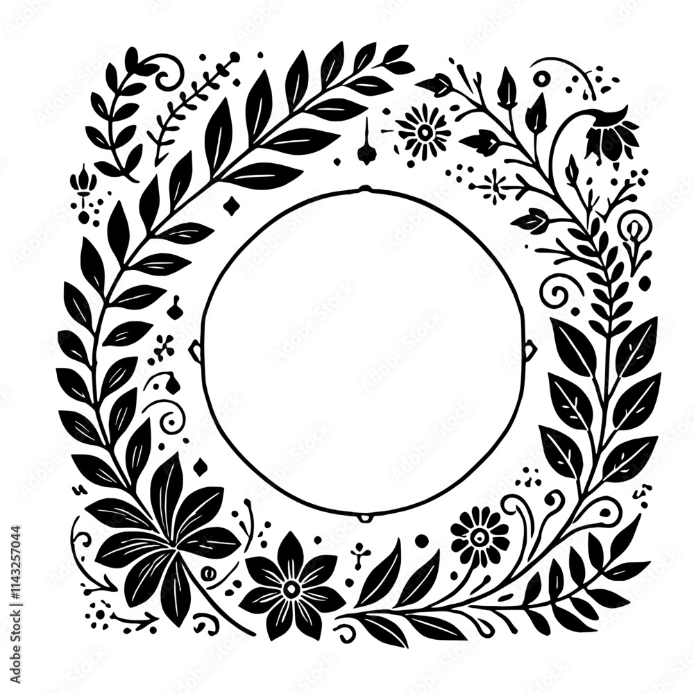 Floral Frame Circle: A delicate and intricate black and white illustration of a circular frame adorned with flourishing botanical elements, perfect for adding a touch of elegance to your designs. Floral Frame Circle: A delicate and intricate black and white illustration of a circular frame adorned with flourishing botanical elements, perfect for adding a touch of elegance to your designs.