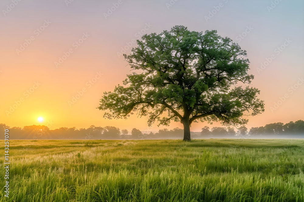 Dawn of Blessings: Serene Sunrise Over a Tranquil Meadow with Majestic Oak Tree Dawn of Blessings: Serene Sunrise Over a Tranquil Meadow with Majestic Oak Tree