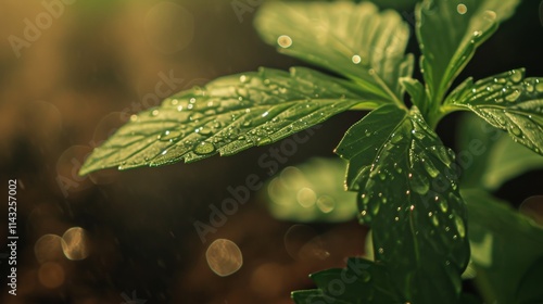 A vivid close-up of a green leaf glistening with dewdrops under soft morning light, creating a serene and natural atmosphere. AI generated.