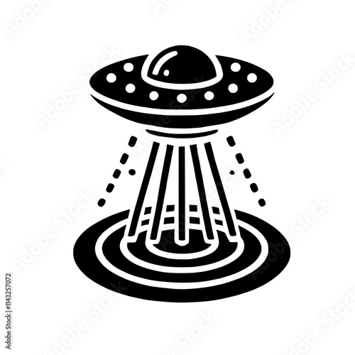 UFO Landing: A black and white illustration of a classic UFO landing with a beam of light shooting down from the craft and creating a circle of energy on the ground.