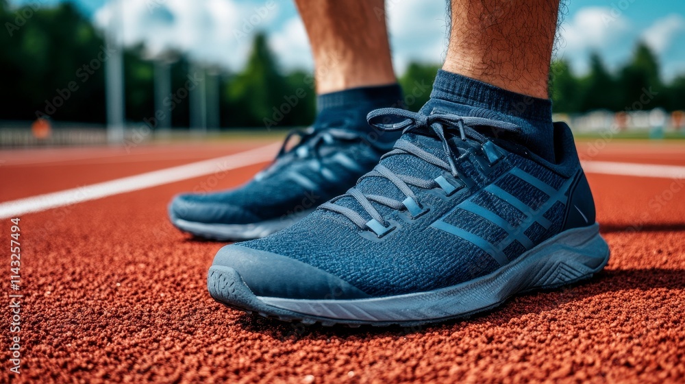 Close-up of a runner's shoes on a track, showcasing athletic footwear designed for speed and performance in a bright outdoor setting. Close-up of a runner's shoes on a track, showcasing athletic footwear designed for speed and performance in a bright outdoor setting.