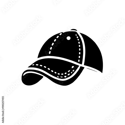 Baseball Cap Icon: A sleek, modern silhouette of a classic baseball cap, perfect for branding, apparel, or website design. The simple, bold design conveys a sense of casual coolness and athleticism. 