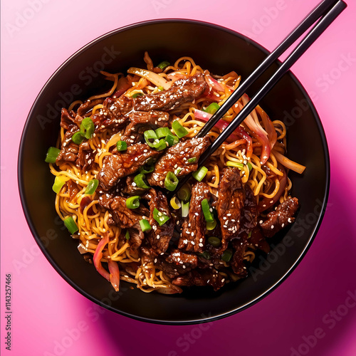 hyper real photo of korean bbq beef noodles shot in a black bowl with chopsticks shot on a pinkpurple background photo