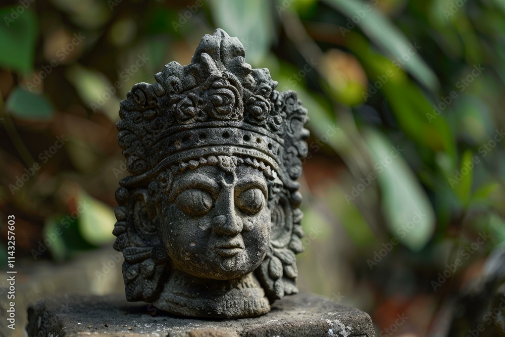 Ancient weathered stone statue with closed eyes wearing ornate crown in tropical garden setting Ancient weathered stone statue with closed eyes wearing ornate crown in tropical garden setting