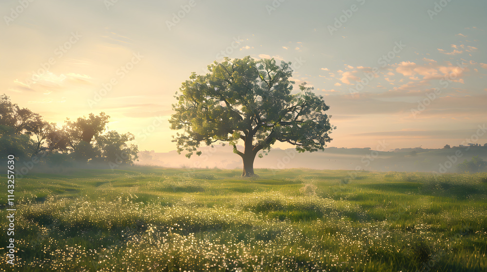 Dawn of Blessings: Serene Sunrise Over a Tranquil Meadow with Majestic Oak Tree