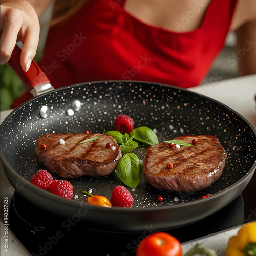 Draw a photo in the photo the aluminum nonstick frying pan is painted like bordeaux raspberry on the outside according to the pattern and color inside the pan is a c photo