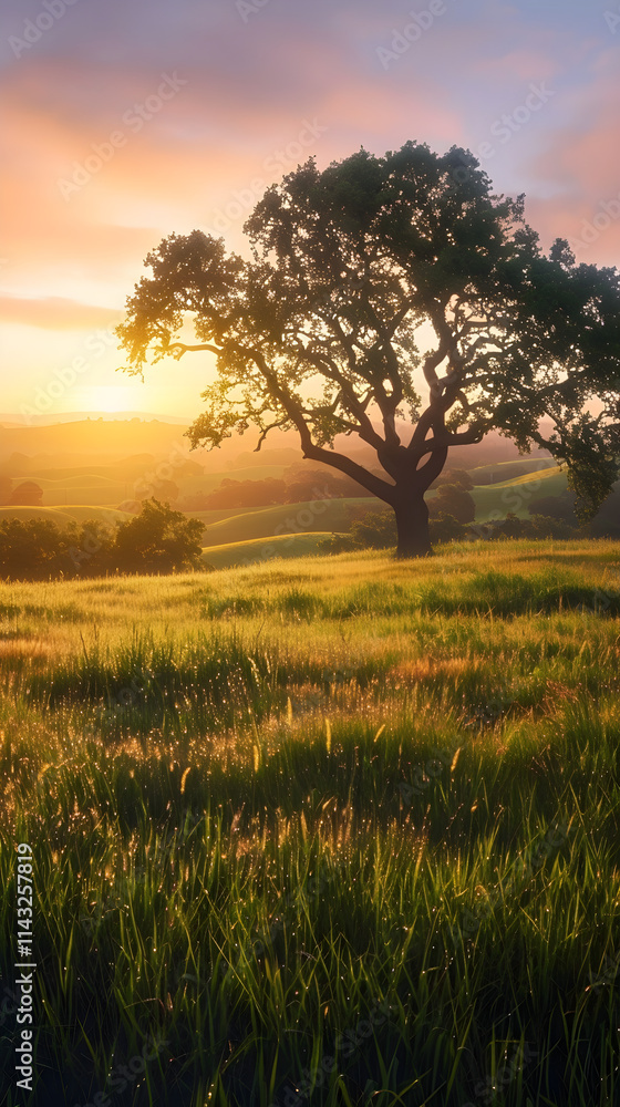 Dawn of Blessings: Serene Sunrise Over a Tranquil Meadow with Majestic Oak Tree Dawn of Blessings: Serene Sunrise Over a Tranquil Meadow with Majestic Oak Tree