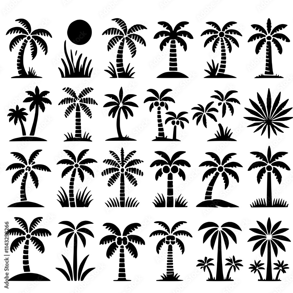 Palm Tree Icons: A collection of 24 unique and stylized palm tree icons perfect for tropical themes, travel brochures, summer designs, and more. Palm Tree Icons: A collection of 24 unique and stylized palm tree icons perfect for tropical themes, travel brochures, summer designs, and more.
