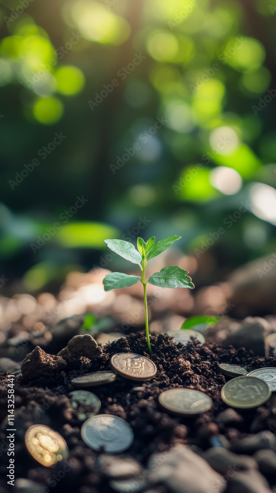 A vibrant green sprout grows from a scattered collection of coins, symbolizing hope and prosperity in a natural setting A vibrant green sprout grows from a scattered collection of coins, symbolizing hope and prosperity in a natural setting